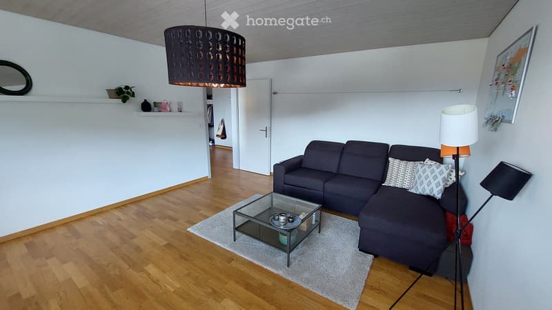 Modern living room with a dark grey sectional sofa, glass coffee table, floor lamp, and wall-mounted shelf with decorative items.