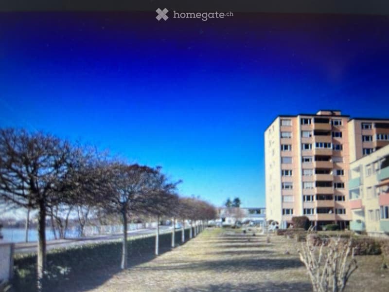 Multi-story residential building with balconies and windows, situated near a waterfront with trees and a paved pathway.