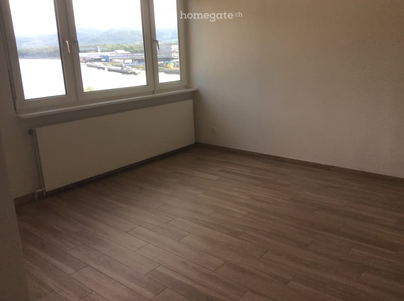 Empty room with wooden flooring, large windows offering a view of a waterfront and distant mountains, and a radiator below the windows.