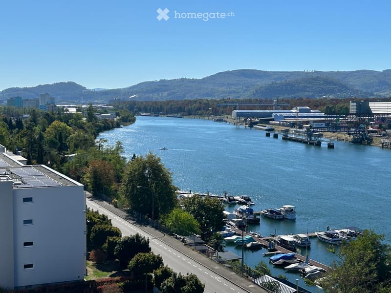 Aerial view of a river with docked boats, surrounded by trees and industrial buildings, with a road running alongside.