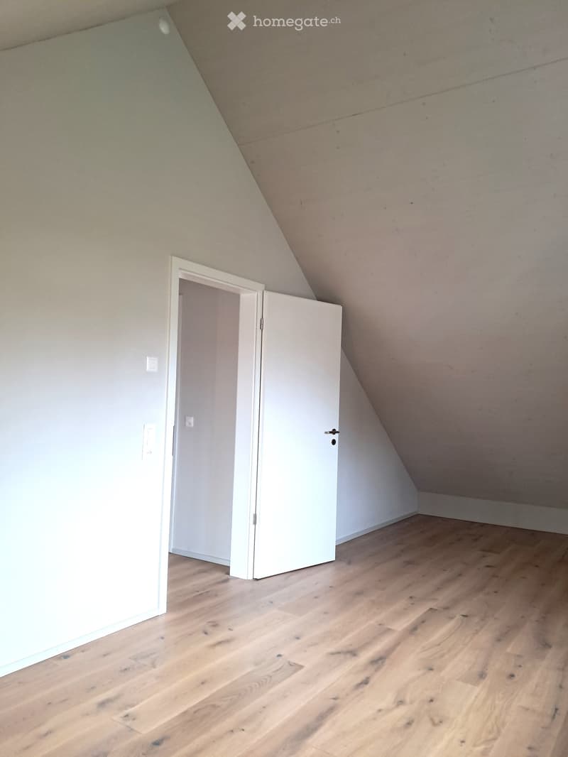 Empty attic room with wooden flooring, white walls, and a partially open white door leading to another space.