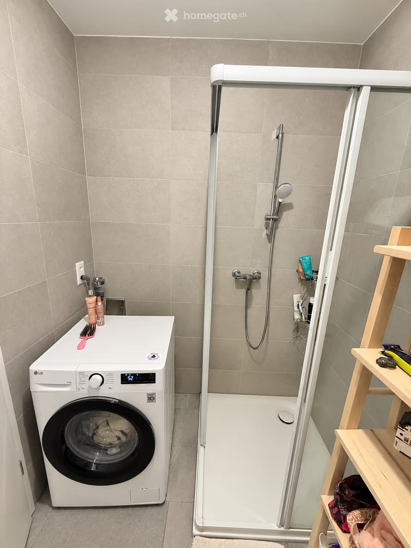 Modern bathroom with a white washing machine, a glass-enclosed shower, and a wooden shelf holding various items.