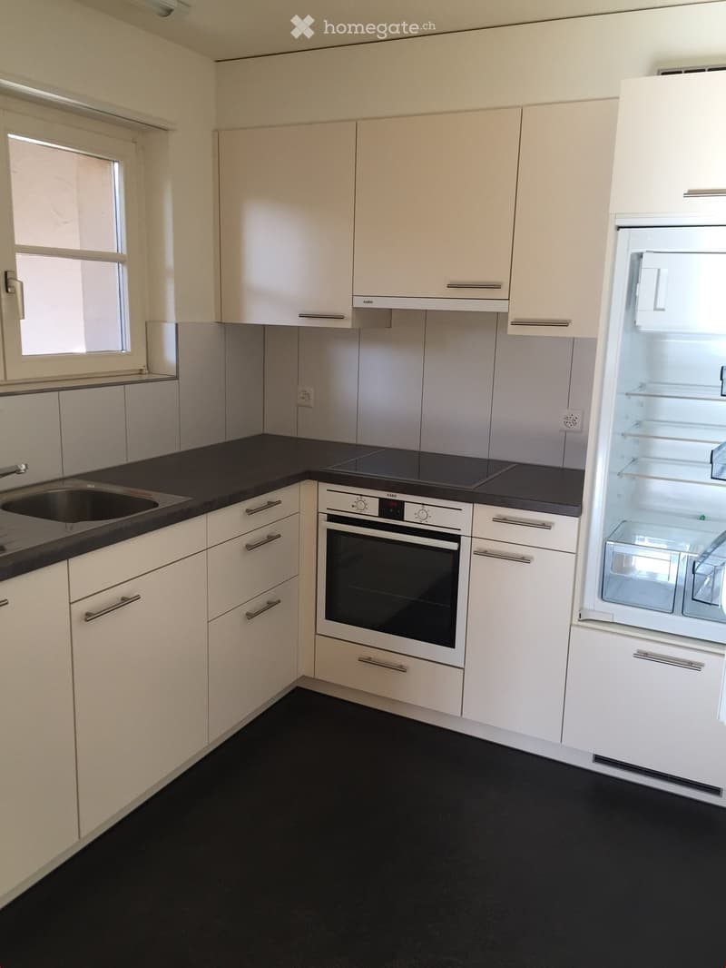 Modern kitchen with white cabinets, black countertops, and stainless steel appliances including a sink, oven, and refrigerator.