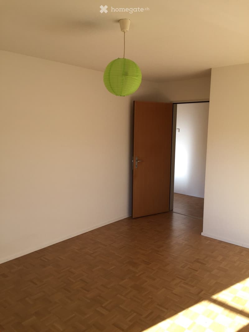 Empty room with wooden flooring, white walls, a hanging green lantern light fixture, and a closed wooden door leading to another space.