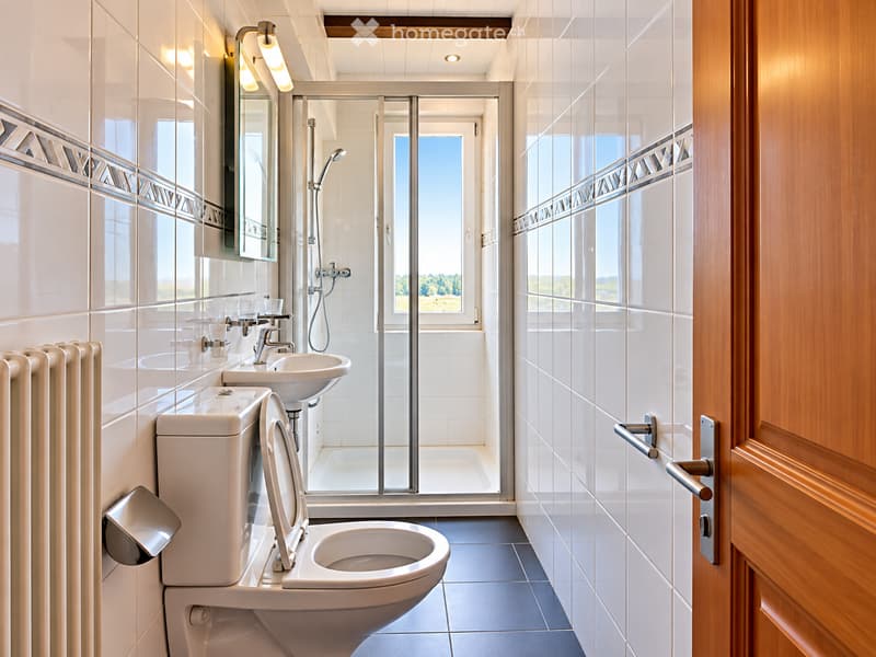 Modern bathroom with white tiles, a toilet, sink, shower, and a large window offering a view of the outdoors.