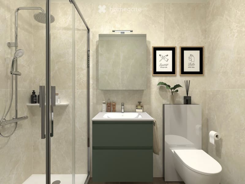 Modern bathroom with beige tiled walls, a dark green vanity cabinet, a white sink, a toilet, a glass-enclosed shower, and decorative framed art.