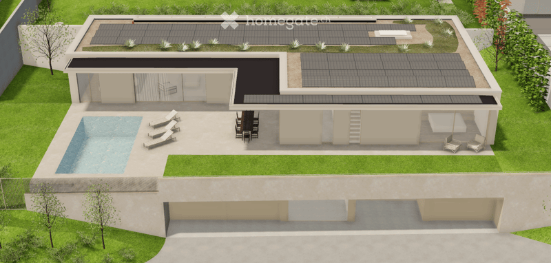 3D rendering of a modern house with a swimming pool, outdoor seating, and a rooftop terrace with solar panels and lounge chairs.