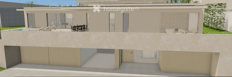 Modern two-story house with a swimming pool, outdoor seating area, and garage. The upper level features large windows and a spacious terrace.