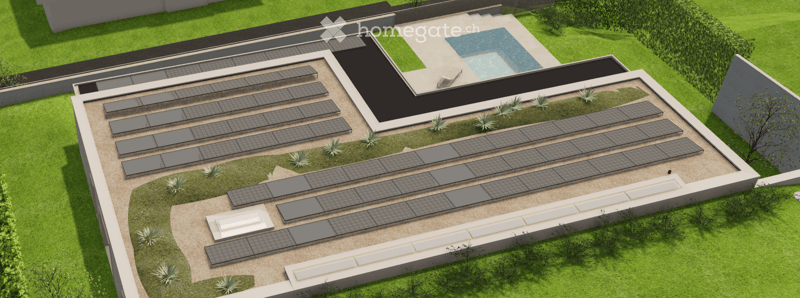 A modern rooftop garden with solar panels, a small swimming pool, and a few succulents.
