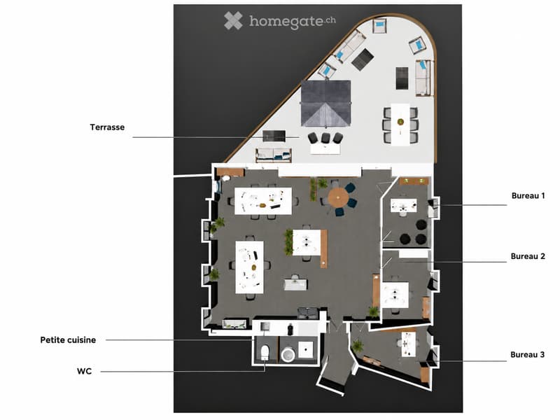 Layout includes a small kitchen, three offices, a WC, and a terrace.