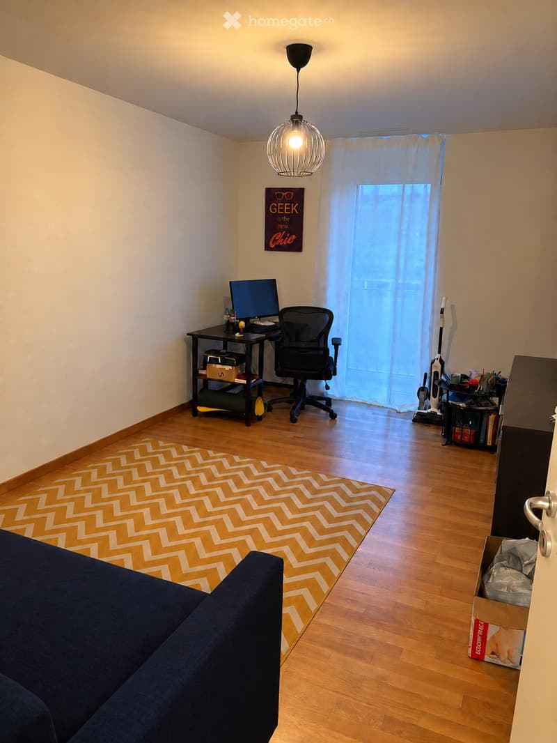 A modern, well-lit room with wooden flooring, a blue sofa, a desk with a computer, a hanging lamp, and a patterned rug.