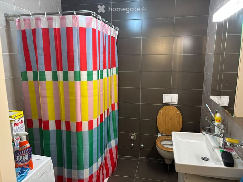 Modern bathroom with dark tiled walls, a wooden toilet seat, a white sink with a chrome faucet, and a colorful striped shower curtain.