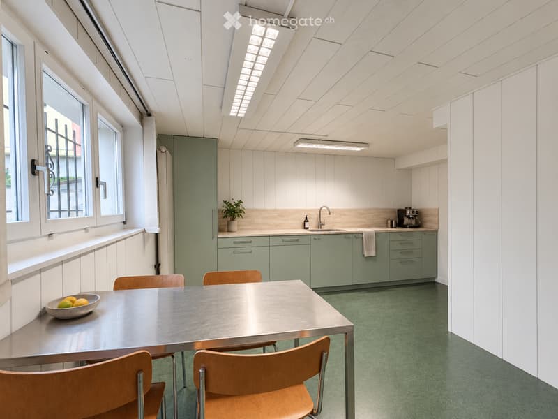 Modern kitchen with light green cabinets, stainless steel table, wooden chairs, and a small plant on the counter.