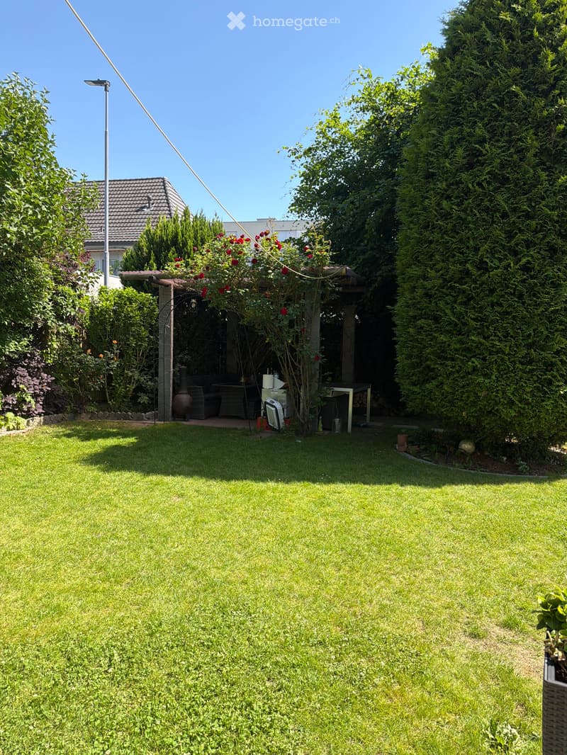 Well-maintained garden with a large lawn, surrounded by trees and shrubs, featuring a patio area with outdoor furniture and a covered seating area.
