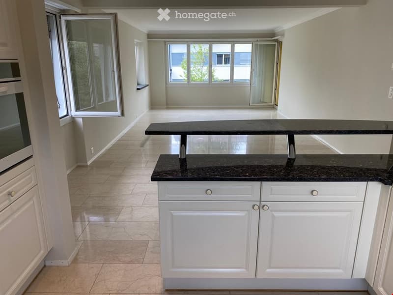 Modern kitchen with white cabinets, black granite countertop, and large windows.