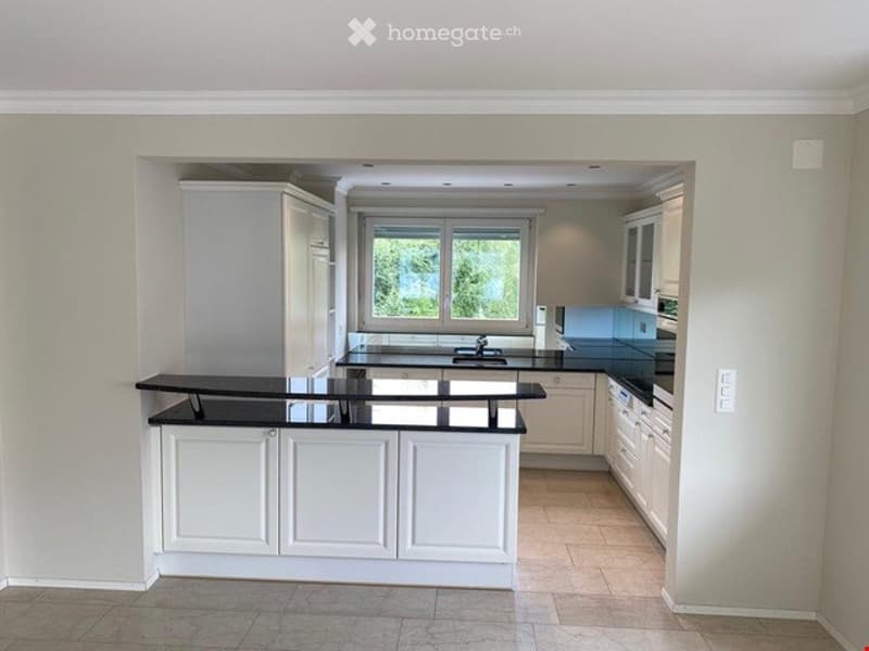 Modern kitchen with white cabinets, black countertops, and a large window overlooking greenery.