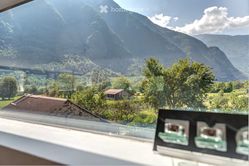 Balcony with expansive mountain view, surrounded by trees and a small rustic building in the distance.