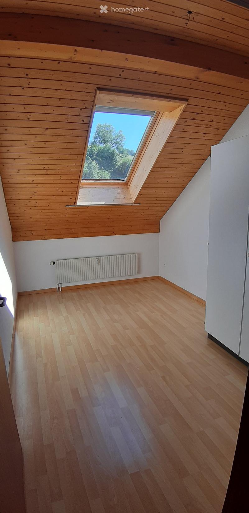 Empty room with wooden flooring, white walls, and a skylight window showing a view of trees and sky. A radiator is mounted on one wall.