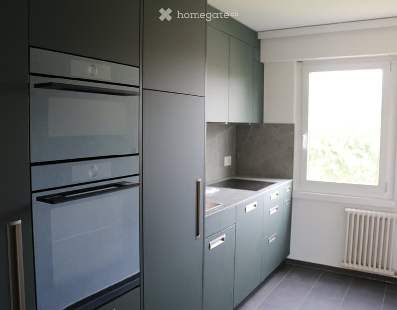 Modern kitchen with grey cabinets, built-in oven, and a window letting in natural light.