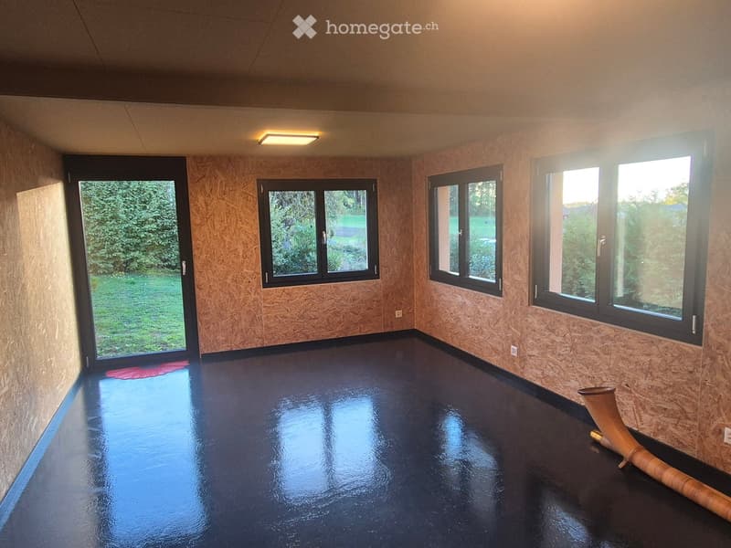Empty room with bare walls, wooden paneling, and a glossy black floor. Windows and a door provide natural light.