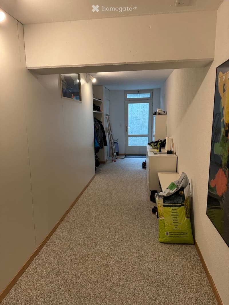 Empty hallway with carpeted floor, white walls, and a door at the end leading outside. There are some items stored along the walls, including a bag and a shelf with folded items.