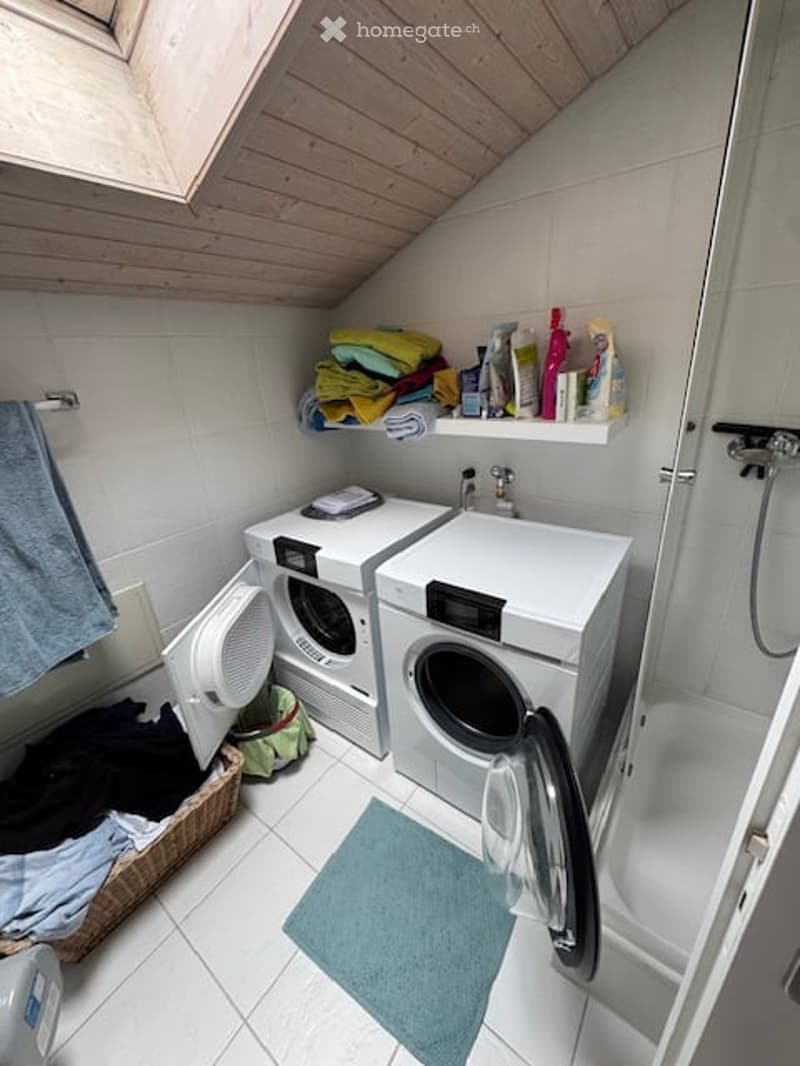 Compact bathroom with a washing machine and dryer, shelves with cleaning supplies, towels, and a small shower area.