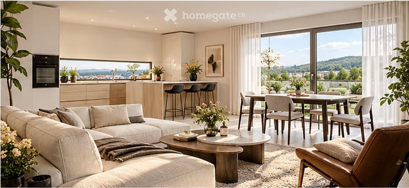 Modern open-plan living and dining area with large windows offering a scenic view, featuring a white sectional sofa, coffee table, dining table with chairs, kitchen island with bar stools, and decorative plants.