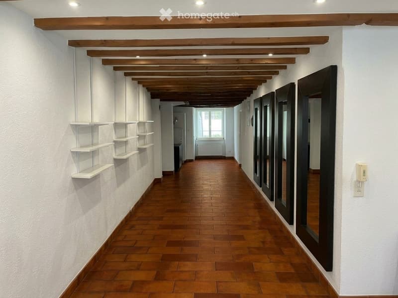 A long, narrow hallway with wooden beams on the ceiling, wooden flooring, white walls, and built-in white shelves on one side. The hallway features large mirrors on the right wall and a window at the far end, allowing natural light to enter.