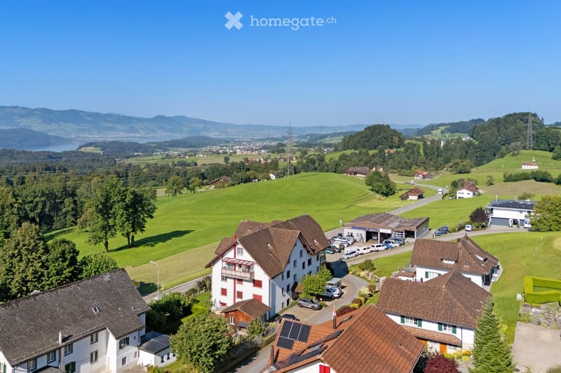 Aerial view of a rural residential area with multiple houses, green fields, and a road. The houses have brown tiled roofs and are surrounded by trees and open land.