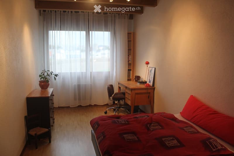 Cozy bedroom with a wooden bed covered in red bedding, a wooden desk with a chair, a small bookshelf, a potted plant on a nightstand, and a lamp on the desk.