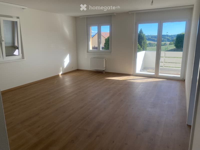 Empty room with wooden flooring, white walls, large windows, and a radiator. The room has a sliding glass door leading to a balcony with a scenic view.