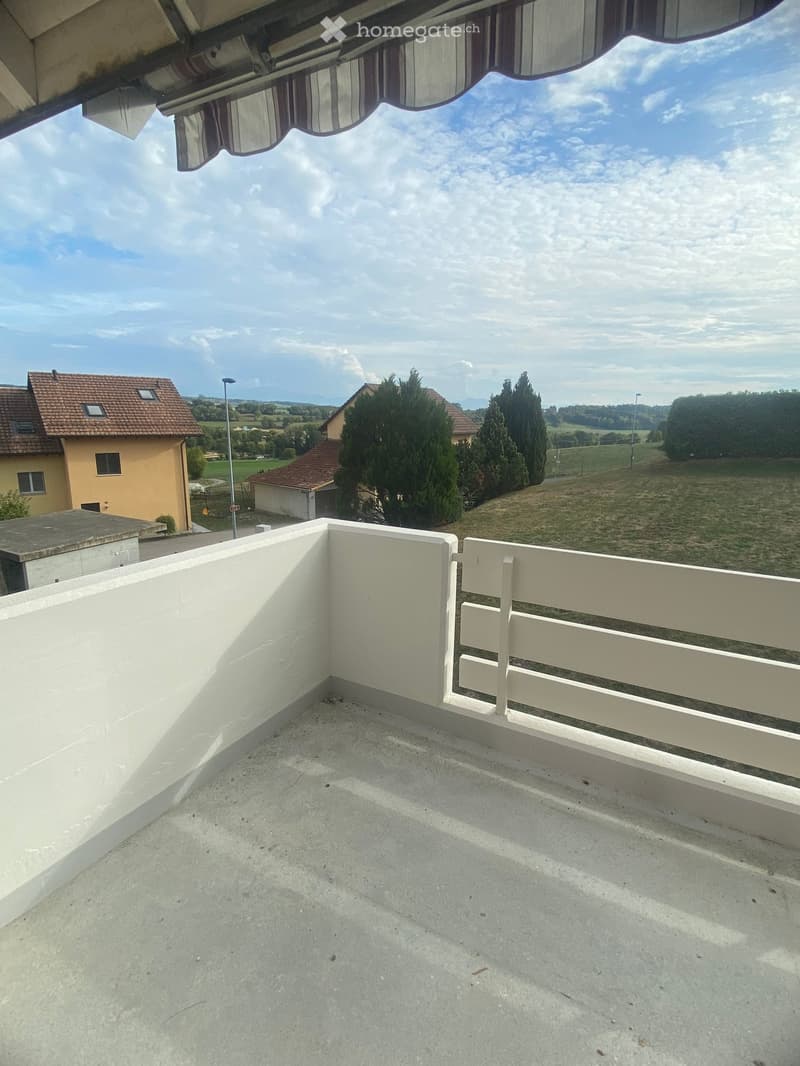 Empty balcony with white railing, concrete floor, and scenic countryside view.