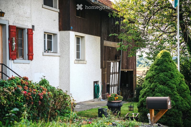 Two-story house with white walls, red shutters, and a wooden garage door. The garden features potted plants, a mailbox, and a flagpole.