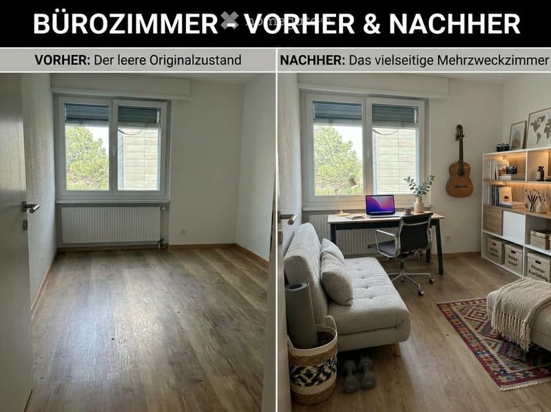 The left side shows an empty room with wooden flooring and large windows. The right side displays a furnished room with a sofa, desk, laptop, guitar, bookshelf, and decorative items.