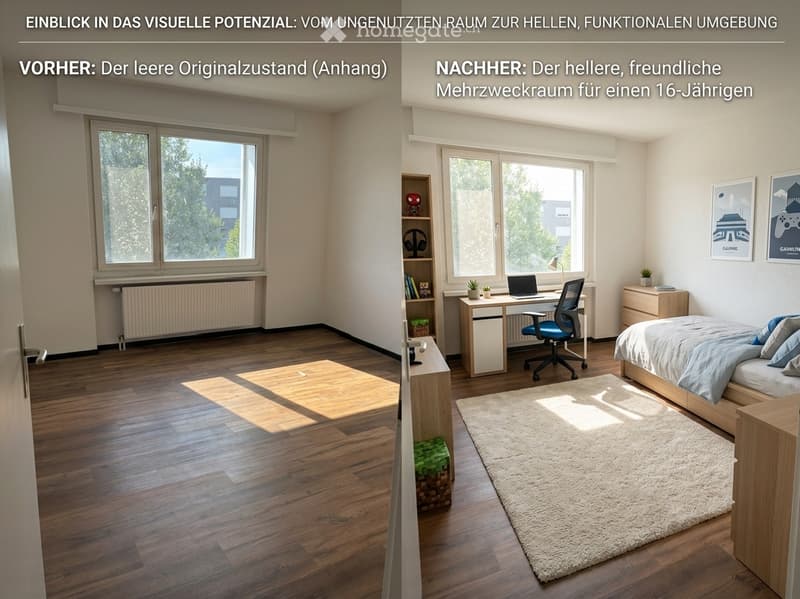Bright, modern bedroom with wooden flooring, large windows, a bed with blue bedding, a desk with a laptop, a chair, a shelf with books and headphones, and a rug.