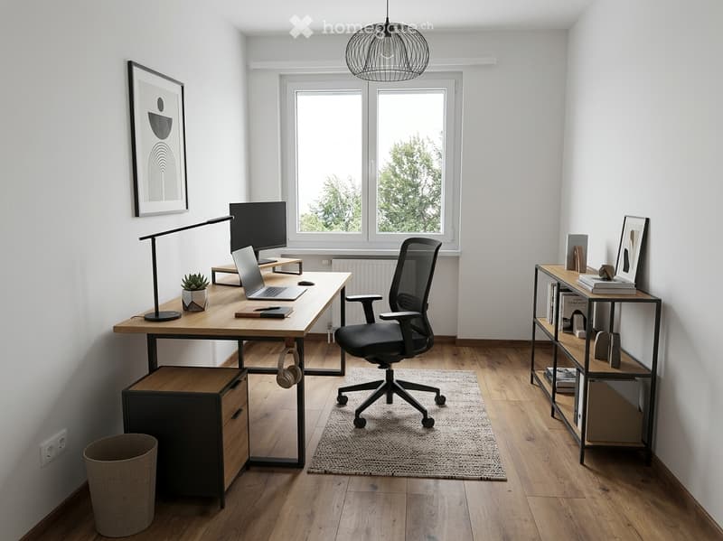 Modern, minimalist office space with a wooden desk, ergonomic chair, laptop, monitor, and decorative items including a plant and artwork.