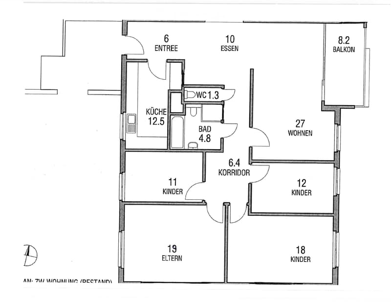 Floor plan of a multi-room apartment with labeled areas including entrance, dining, kitchen, bathroom, living room, children's rooms, parents' room, and balcony.