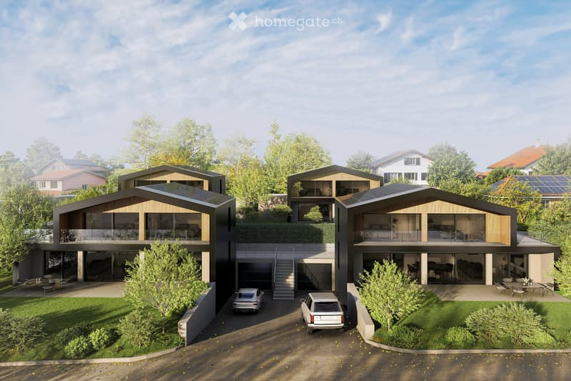 Modern two-story house with a contemporary design, featuring large windows, a raised ground floor, and a spacious outdoor area with seating and a dining table.