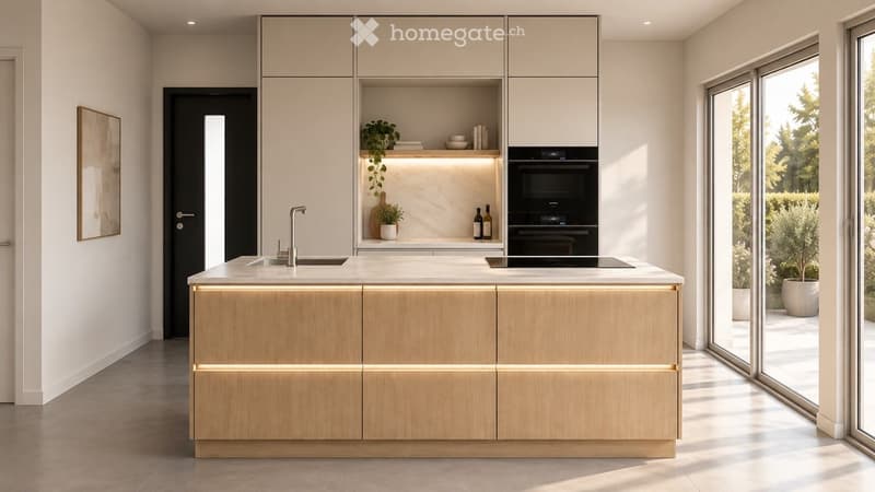 Modern kitchen with light wood cabinets, white countertops, built-in oven, sink, and potted plants on shelves.