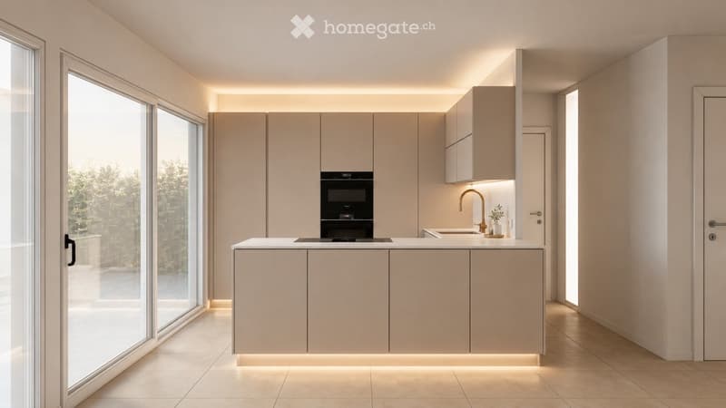 Modern kitchen with light-colored cabinets, a central island, and built-in appliances including an oven and sink.