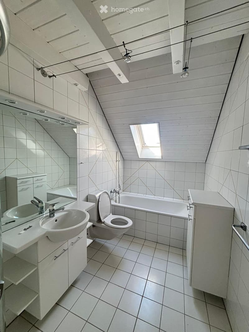Modern bathroom with white tiles, a sink, toilet, bathtub, and built-in cabinets. Features a skylight window and sleek fixtures.
