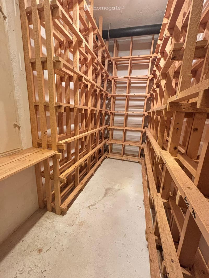 Empty hallway with unfinished wooden scaffolding on both sides and a concrete floor.
