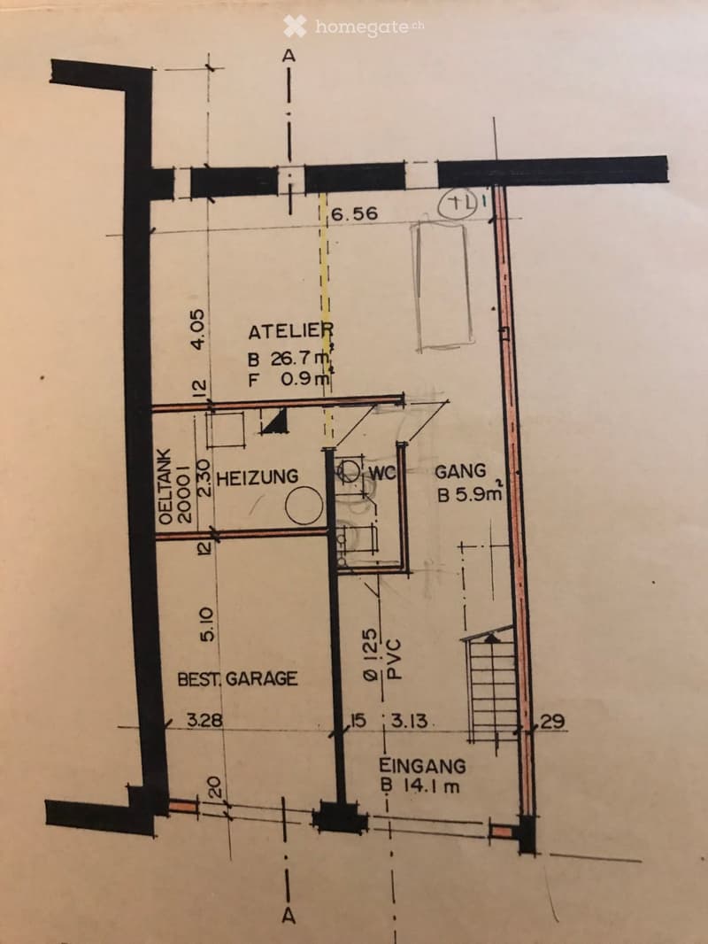 Floor plan showing an atelier, heating room, WC, entrance, best garage, and hallway with dimensions and labels.