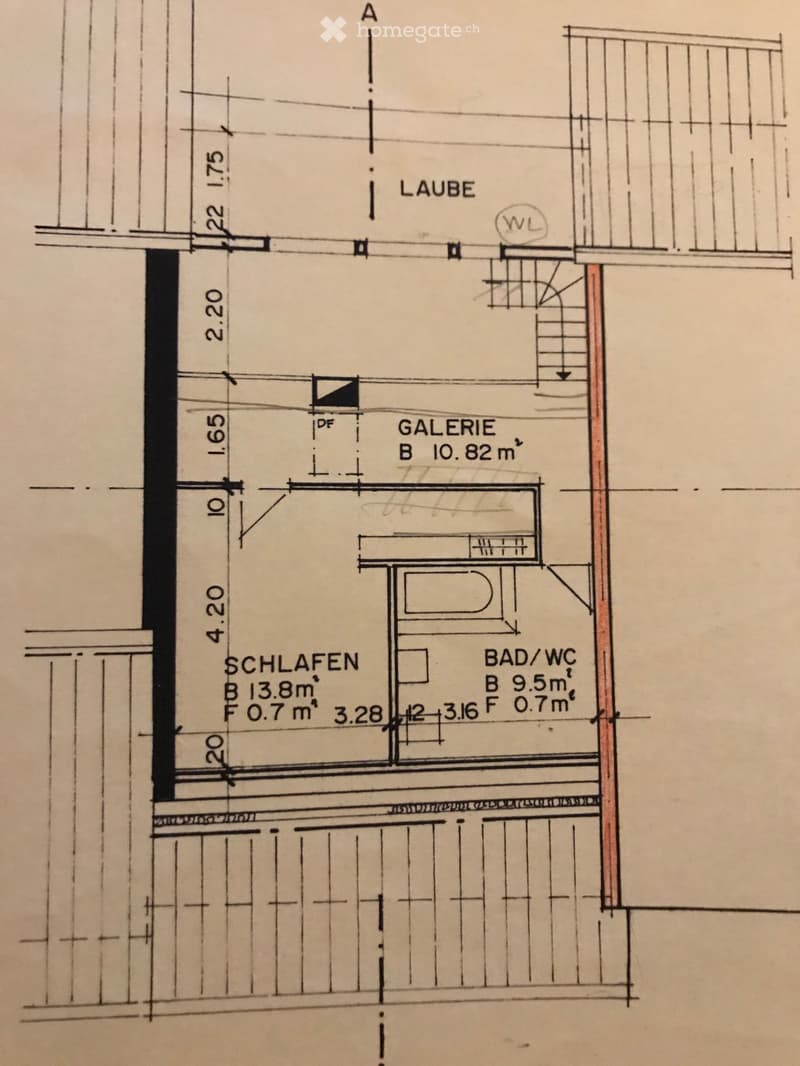 Floor plan showing a bedroom, bathroom, gallery, and hallway with labeled dimensions and room names.