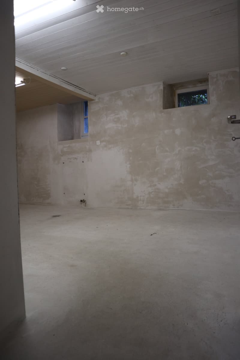 Empty room with bare walls and concrete floor, featuring small windows and a skylight in the ceiling.