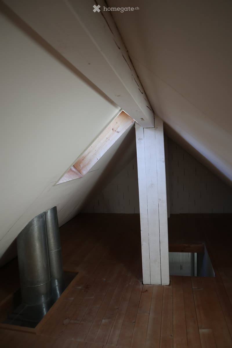 Empty attic space with wooden flooring, exposed wooden beams, and a skylight window allowing natural light to enter.