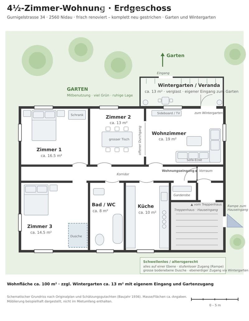 {"visible_features": ["Garden / Outdoor Area", "Balcony / Terrace"], "type": "Floor Plan", "objects": [], "description": "Floor plan of a 4.5-room apartment on the ground floor, featuring three bedrooms, a living room, kitchen, bathroom, and winter garden