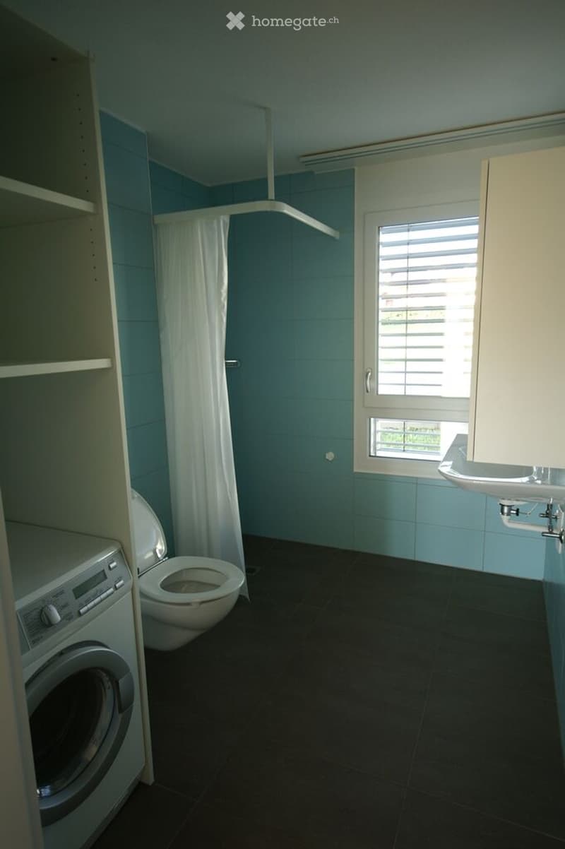 Bathroom with a toilet, washing machine, sink, and shower curtain. Light blue tiles on walls and dark tiled floor.