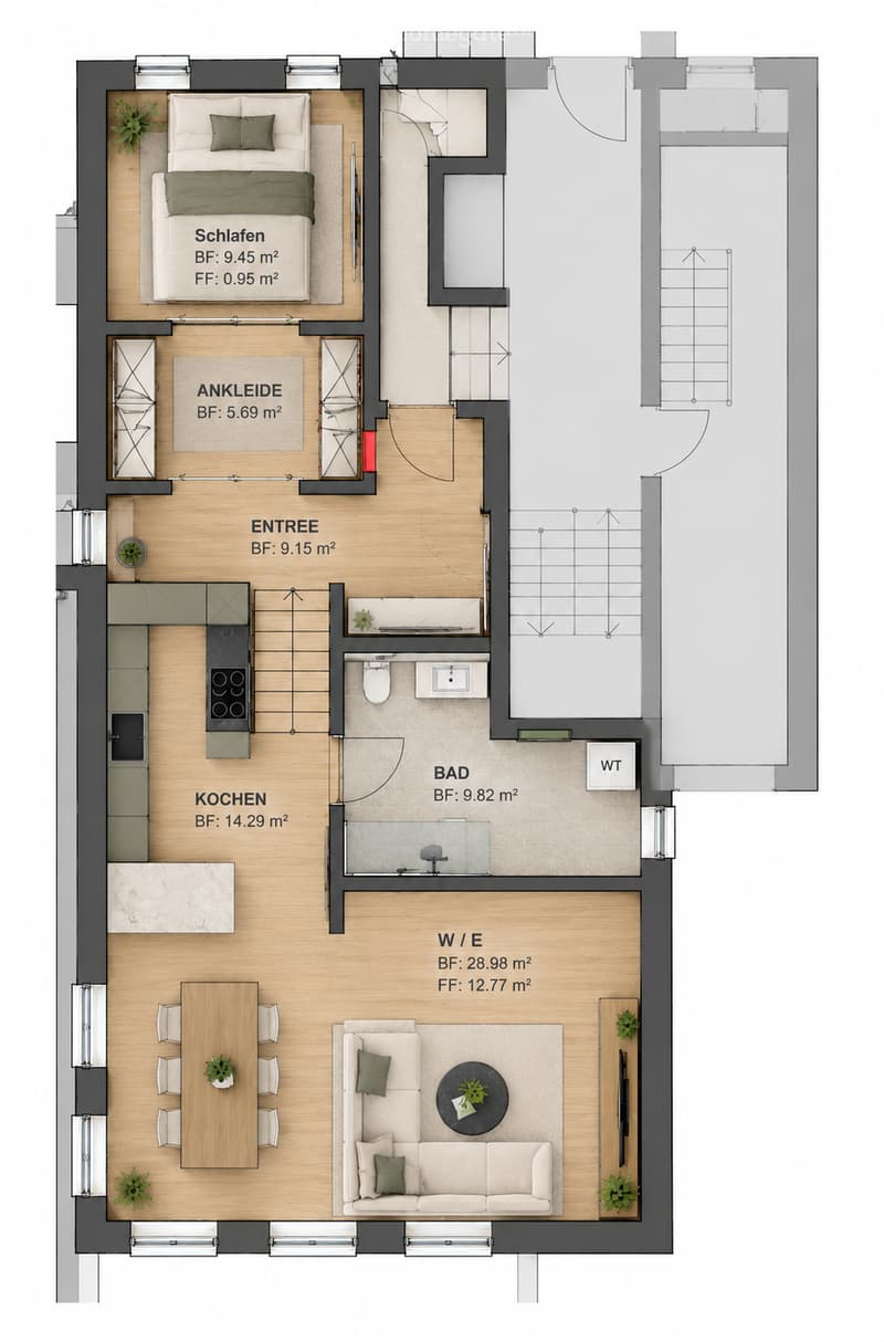 Floor plan of a modern apartment featuring a living area, kitchen, bedroom, bathroom, and entrance. The living area includes a sofa, coffee table, and dining table with chairs. The kitchen has built-in appliances. The bedroom includes a bed and nightstand