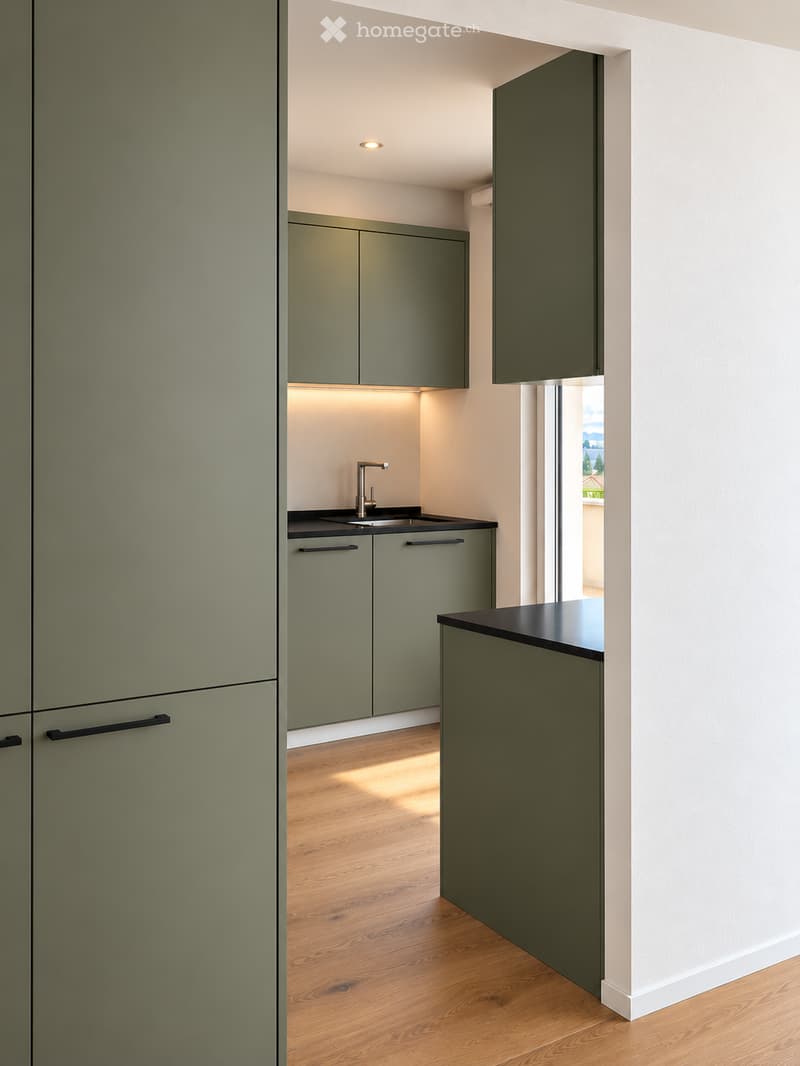 Modern kitchen with green cabinets, black countertop, and a sleek sink with a modern faucet. The space features wooden flooring and built-in storage.